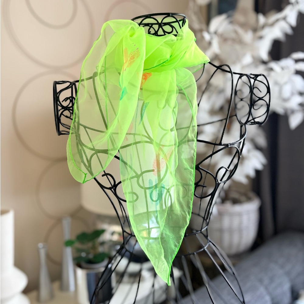 VTG Hand Painted Lime Green Sheer Nylon Scarf 28” x 28” Japan